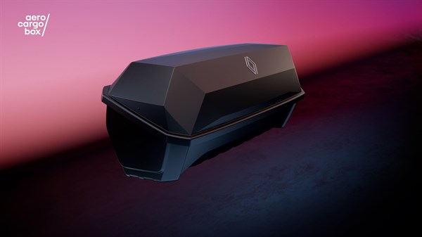 Črna strešna prtljažna škatla Renault z napisom 'aero cargo box', prikazana na vijolično-modrem ozadju.