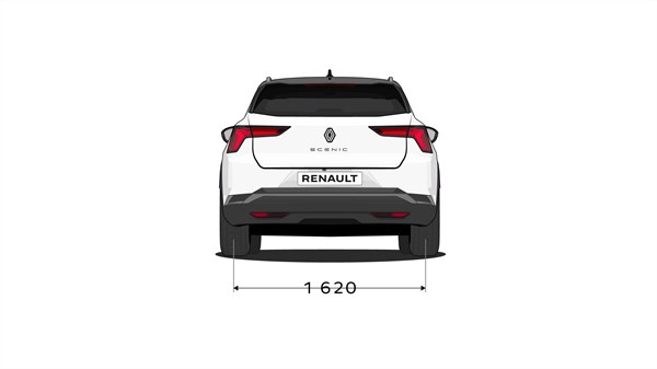 Skica: Zadnji pogled na Renault Tehnična skica vozila z označeno širino med zadnjimi kolesi 1620 mm.
