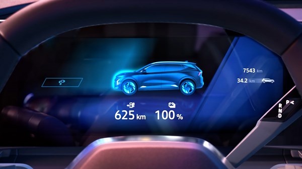 Digitalni prikazovalnik za volanom modela Renault Scenic E-Tech z grafiko vozila, dosegom 625 km in napolnjenostjo baterije 100 %.