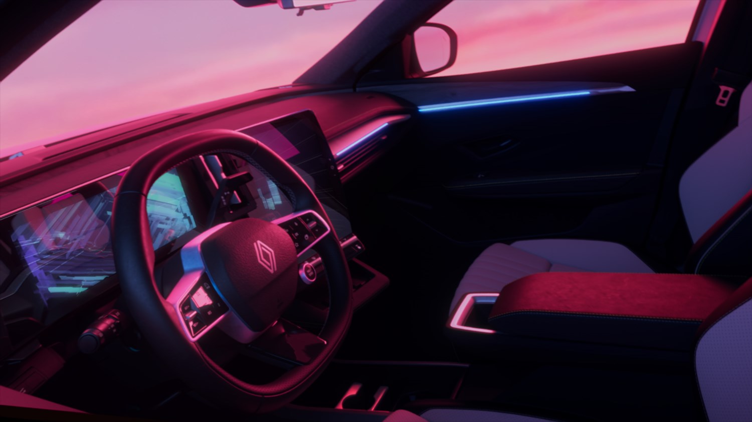 Notranjost vozila Renault Scenic E-Tech electric z volanom in ambientalno osvetlitvijo.