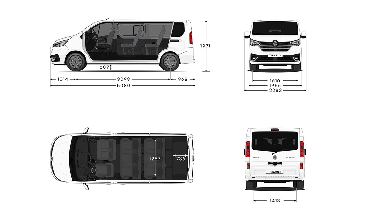 Tehnična skica vozila Renault Trafic Passenger L1 z merami vozila v štirih pogledih (s strani, spredaj, zadaj in od zgoraj).