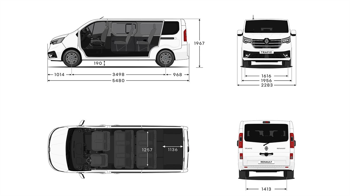 Tehnična skica vozila Renault Trafic Passenger L2 z merami vozila v štirih pogledih (s strani, spredaj, zadaj in od zgoraj). 