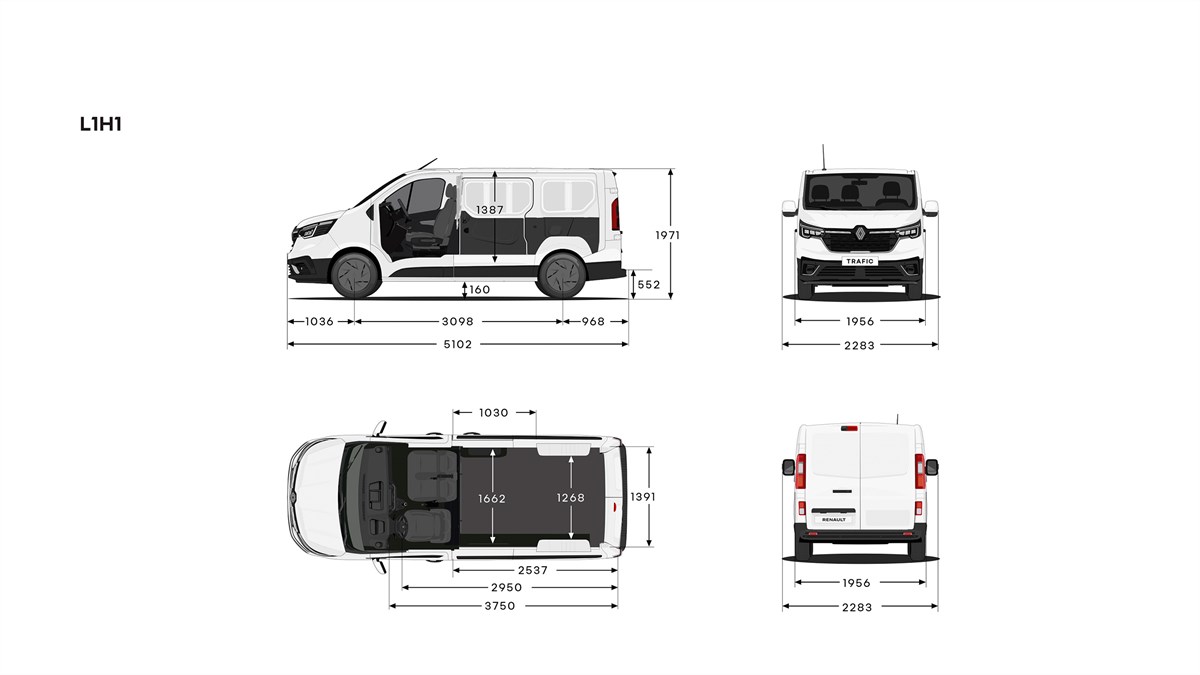 Dimenzije vozila Renault Trafic Van L1H1 prikazane na vozilu iz strani, spredaj, zadaj in zgoraj.