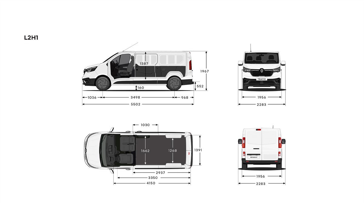 Dimenzije vozila Renault Trafic Van L2H1 prikazane na vozilu iz strani, spredaj, zadaj in zgoraj.