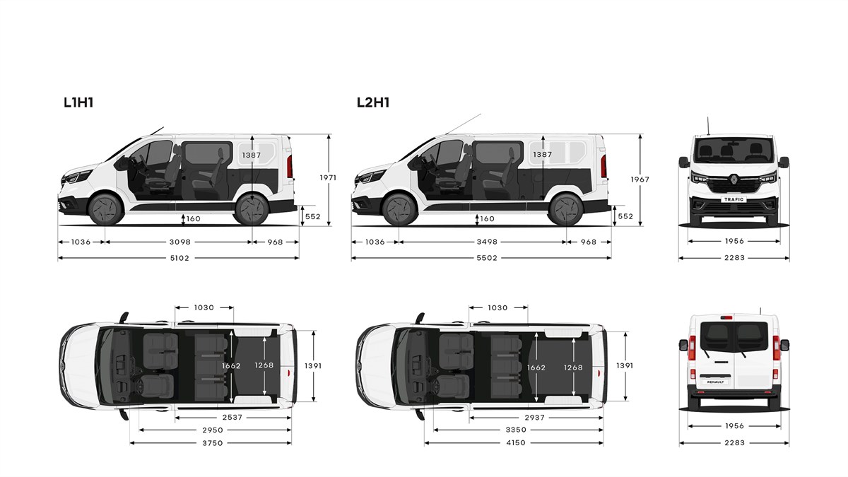 Dimenzije vozila Renault Trafic Van z dvojno kabino L1H1 in L2H1 prikazane na vozilu iz strani, spredaj, zadaj in zgoraj.