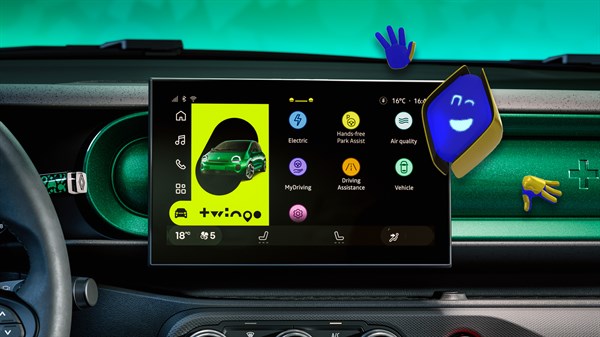 Zaslon multimedijskega sistema v vozilu Twingo z domačim vmesnikom in grafičnim avatarjem reno ob zaslonu.