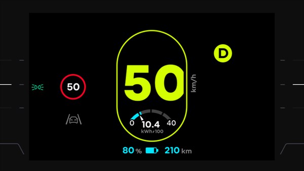 Digitalni prikazovalnik v vozilu s prikazom hitrosti (50 km/h) in merilnikom porabe energije (kWh/100 km).