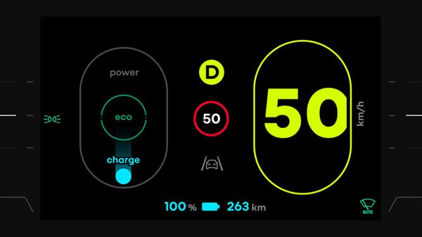 Digitalni prikazovalnik v vozilu s prikazom hitrosti (50 km/h) in merilnikom moči z območji eco in charge.
