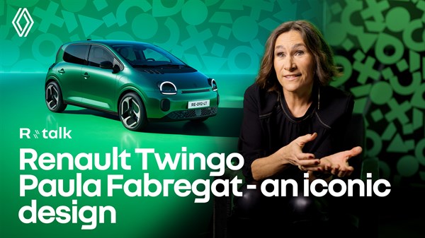 Ženska govori pred zelenim ozadjem, ob njej je zeleno Renault vozilo Twingo, in napis "Renault Twingo Paula Fabregat - an iconic design".