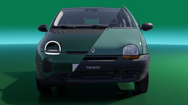 Zeleni Renault Twingo, pogled spredaj, z značilnima okroglima žarometoma na zelenem studijskem ozadju.