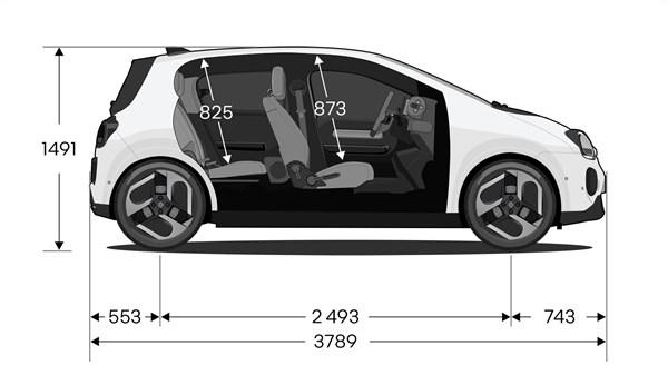 Shematski bočni prerez vozila Twingo z označenimi merami dolžine, višine in notranjega prostora (npr. prostor za glavo spredaj in zadaj) v milimetrih.