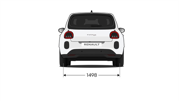 Shematski zadnji pogled Renault Twingo z označeno širino vozila v milimetrih.