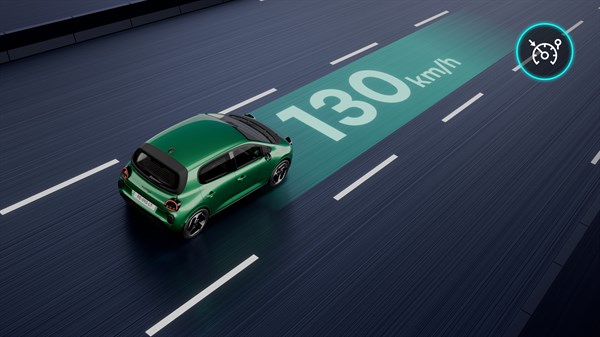 Shematski prikaz zelenega Twingo na avtocesti z prikazom hitrosti 130 km/h in ikono prilagodljivega tempomata.