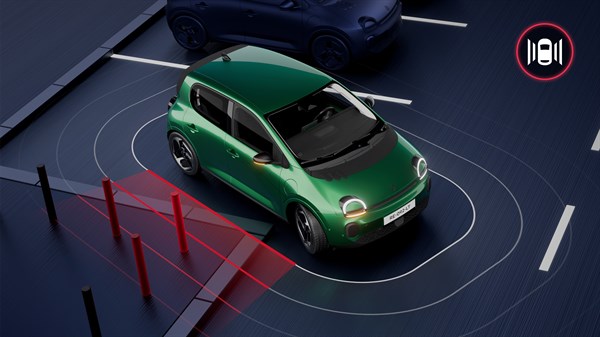 Shematski prikaz zelenega vozila pri parkiranju z označenimi območji zaznavanja ovir ob straneh vozila.