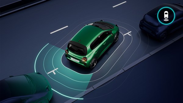 Shematski prikaz zelenega vozila Twingo pri parkiranju z označenimi območji zaznavanja ovir za vozilom.