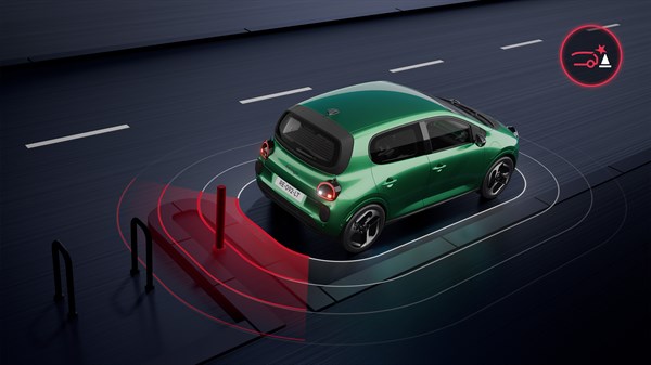 Shematski prikaz zelenega Twingo pri vzvratni vožnji z zaznavanjem ovir zadaj in samodejnim zaviranjem v sili.