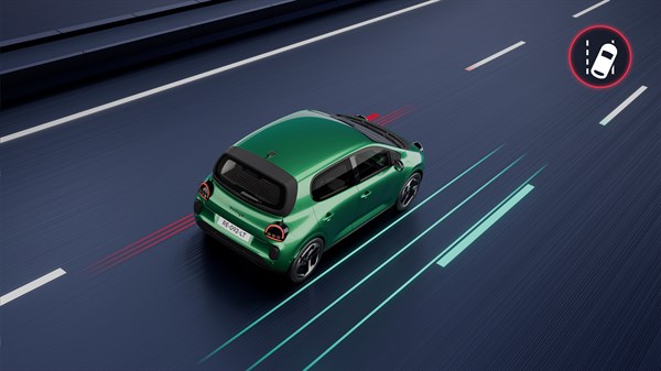 Shematski prikaz zelenega Twingo na cesti z opozorilom o nenamerni menjavi voznega pasu.