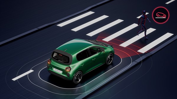Shematski prikaz zelenega Renault Twingo z zaznavanjem pešca na prehodu in samodejnim zaviranjem v sili.