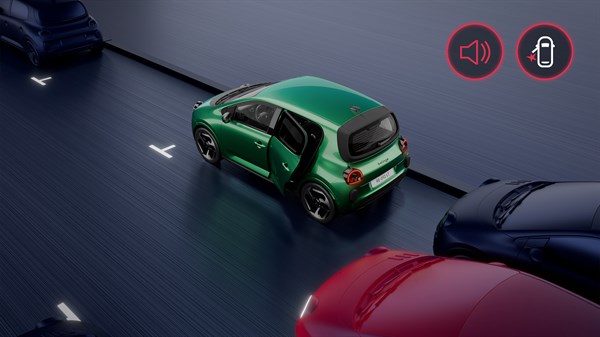 Shematski prikaz zelenega Renault Twingo na parkirišču z odprtimi vrati in opozorilom na približujoče se vozilo pri izstopanju.