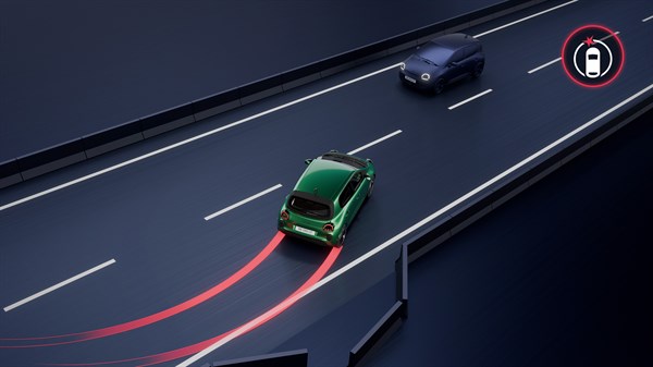 Shematski prikaz zelenega Renault Twingo z opozorilom na nevarnost trčenja in samodejno korekcijo smeri v sili.