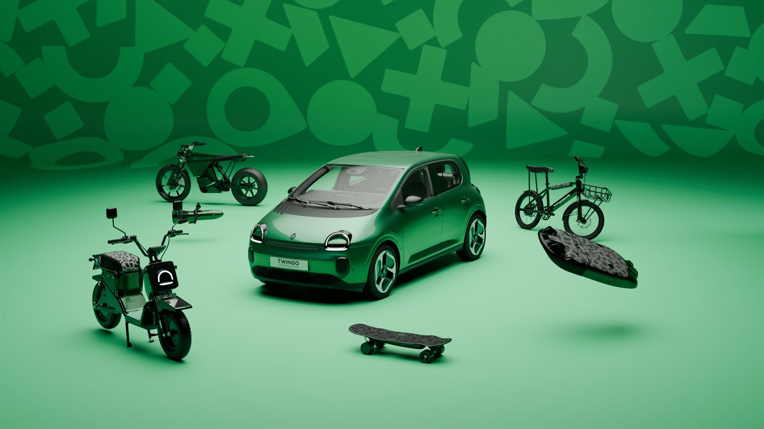 Zeleni Twingo E-Tech electric na zeleni podlagi, okoli njega pa električni skiro/moped, kolo, e-kolo, rolka in deska za vodne športe.