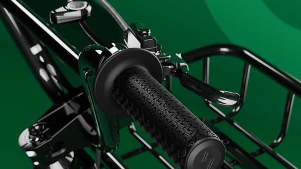 Bližnji posnetek ročaja krmila in sprednje kovinske košare na zelenem kolesu.