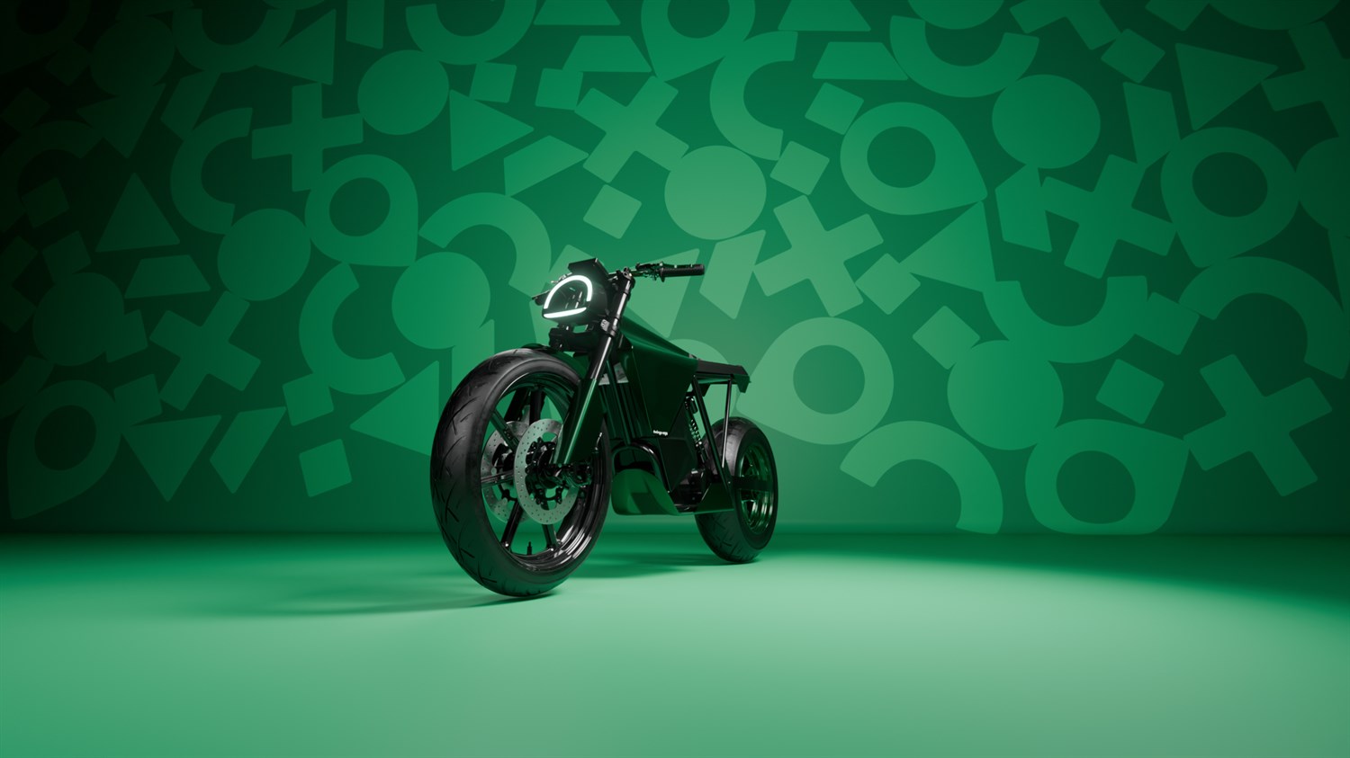 Motor z debelimi pnevmatikami na zelenem ozadju z vzorcem.