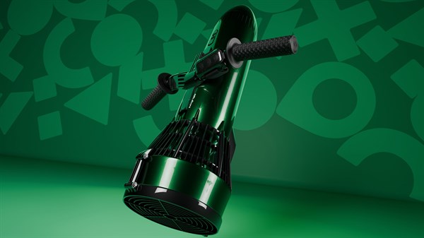 Kahe električni navtični potisnik z ročajem na zelenem ozadju.