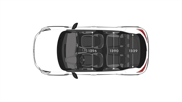 Pogled od zgoraj na Renault Captur z označenimi merami širine notranjosti kabine.