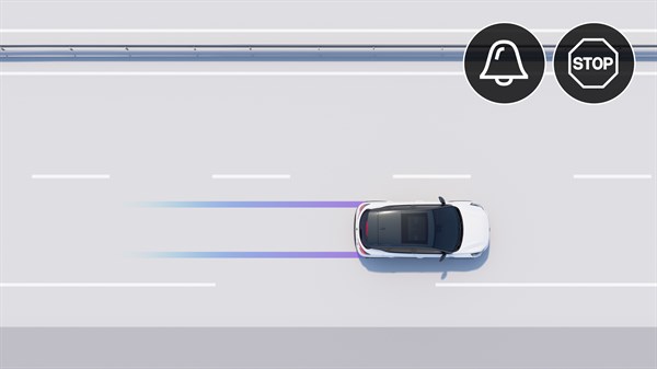 Skica: vozilo, ki se samodejno upočasnjuje in ustavlja na voznem pasu (pomočnik za zasilno ustavitev).