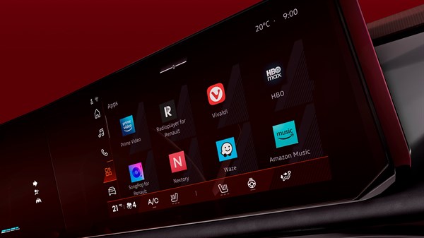 Sredinska konzola Renault Cliovključuje velik digitalni zaslon z dostopom do aplikacij, navigacije in multimedije.