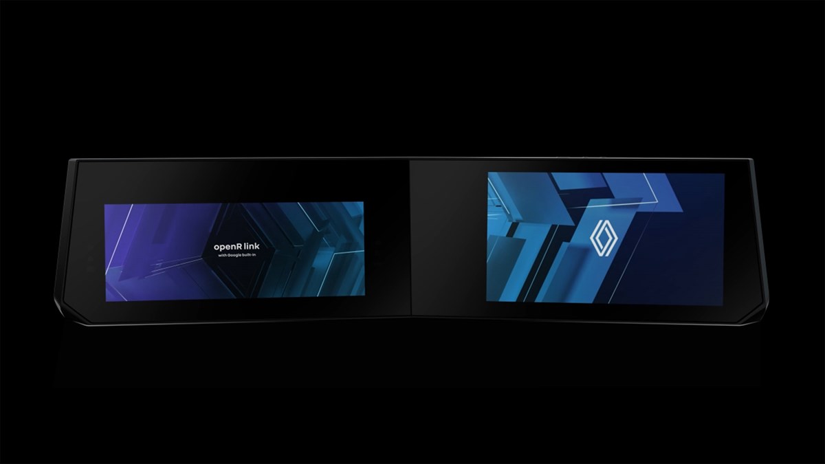 azuje napis "openR link with Google built-in" na vijolično-modri geometrijski grafiki, desni zaslon prikazuje Renaultov romb na modri geometrijski grafiki.