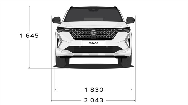 Skica: Sprednji pogled na Renault Espace z višino vozila 1645 mm, širino med kolesi 1830 mm in skupno širino 2043 mm.