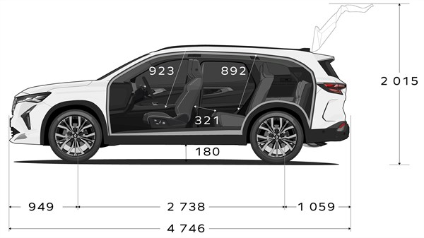 Skica: Stranski pogled na Renault Espace z odprtimi vrati in označenimi merami notranjosti in zunanjosti, skupna dolžina vozila 4746 mm in višina z odprtim prtljažnikom 2015 mm.