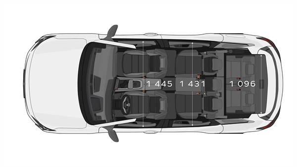 Skica: Pogled od zgoraj na Renault Espace s tremi vrstami sedežev in označeno širino sedežnega prostora: prva vrsta 1445 mm, druga 1431 mm, tretja 1096 mm.