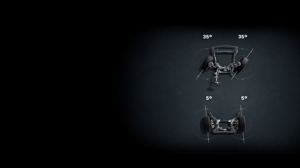 Prikaz sistema štirikolesnega krmiljenja z različnimi koti obračanja koles.