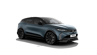 Temno modri Renault Megane E-Tech electric - sprednji tričetrtinski pogled na beli podlagi