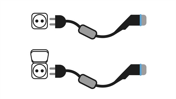 Ilustracija kabla z adapterjem za polnjenje prek standardne električne vtičnice.