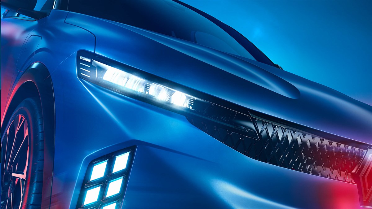 Renault Megane E-Tech vozilo modro detajl prednje luči in maske
