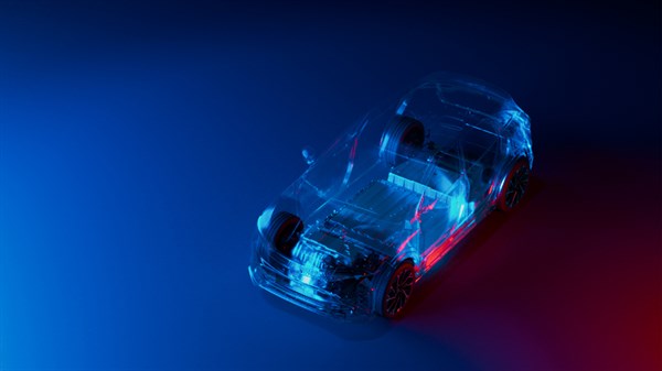Renault Megane E-Tech vozilo prosojni prikaz notranje strukture in baterije pogled od zgoraj