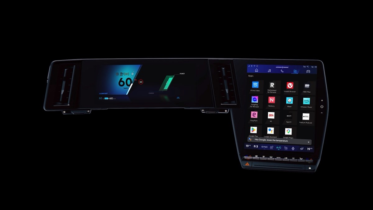 Renault Megane E-Tech vozilo openR link zaslon z Google Assistant in seznamom aplikacij na črnem ozadju