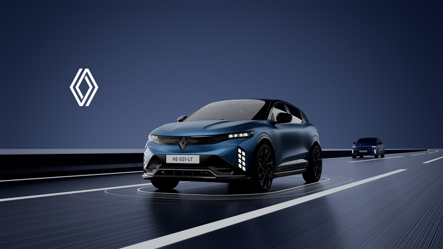 Renault Megane E-Tech vozilo modro sprednji tričetrtinski pogled z grafičnim prikazom sistemov za pomoč pri vožnji