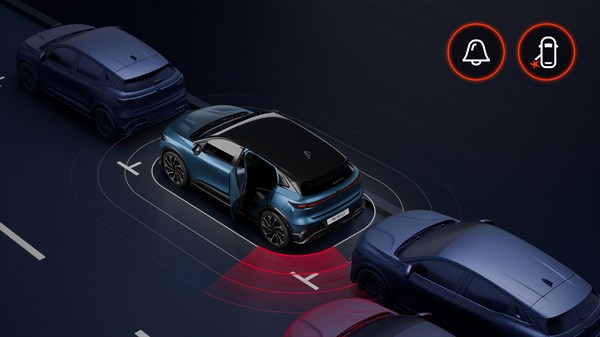 Renault Megane E-Tech vozilo modro grafični prikaz sistema za parkiranje pogled od zgoraj