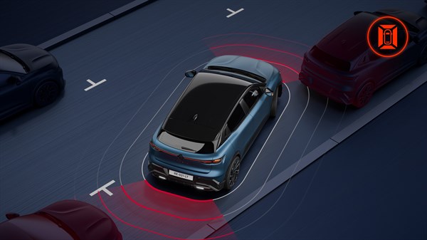 Renault Megane E-Tech vozilo modro grafični prikaz opozorila pri parkiranju zadaj pogled od zgoraj