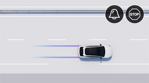 Pogled od zgoraj na Renault Rafale med vožnjo, za vozilom so prikazane modre in vijolične črte, v zgornjem desnem kotu sta ikoni opozorila in STOP.