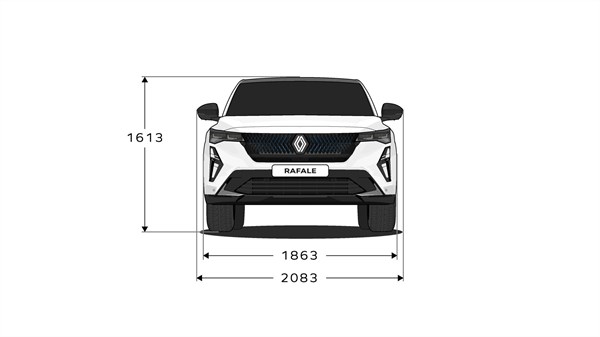 Skica: Prikazuje sprednji pogled na Renault Rafale z označenimi merami višine in širine.