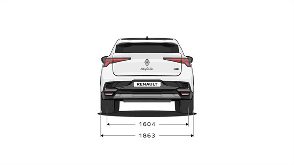 Skica: Prikazuje zadnji pogled na Renault Rafale z označenimi merami širine.