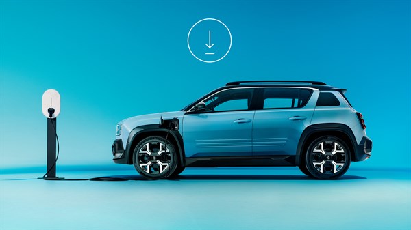 Profil modrega Renault 4 E-Tech Electric na svetlo modri podlagi z belo ikono puščice za prenos nad vozilom.