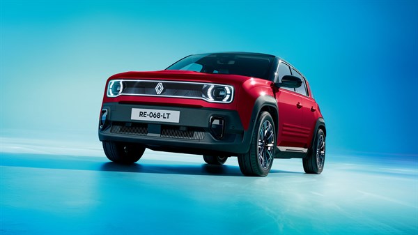 Detajl sprednje maske in LED žarometa Renault 4 E-Tech Electric.