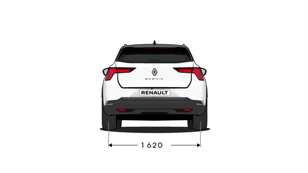 Tehnična risba vozila Renault Scenic E-Tech electric z merami, pogled od zadaj.